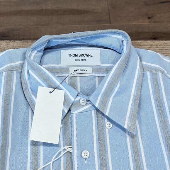 Mens THOM BROWNE Striped LS Sport Shirt Light Blue - Picture 2 of 6